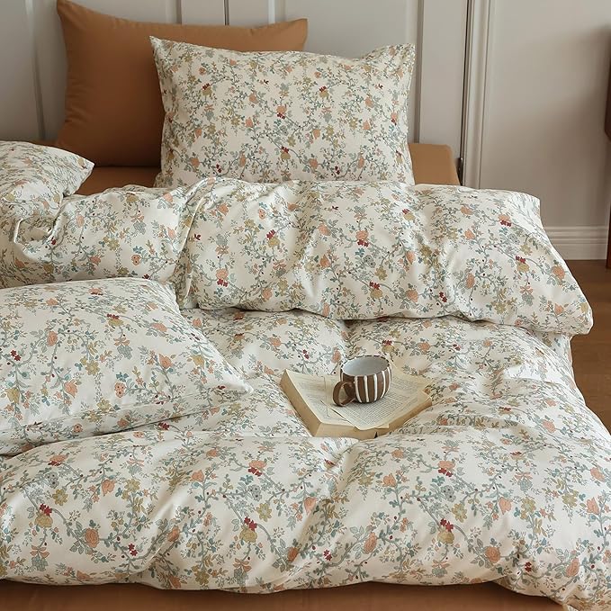 HighBuy Pink Flowers Duvet Cover Twin XL Kid Girl Cottagecore Bedding Comforter Cover with 2 Pillowcase Soft Cotton Peach Floral Bedding Set Twin XL Boho Duvet Cover Set 3 Piece