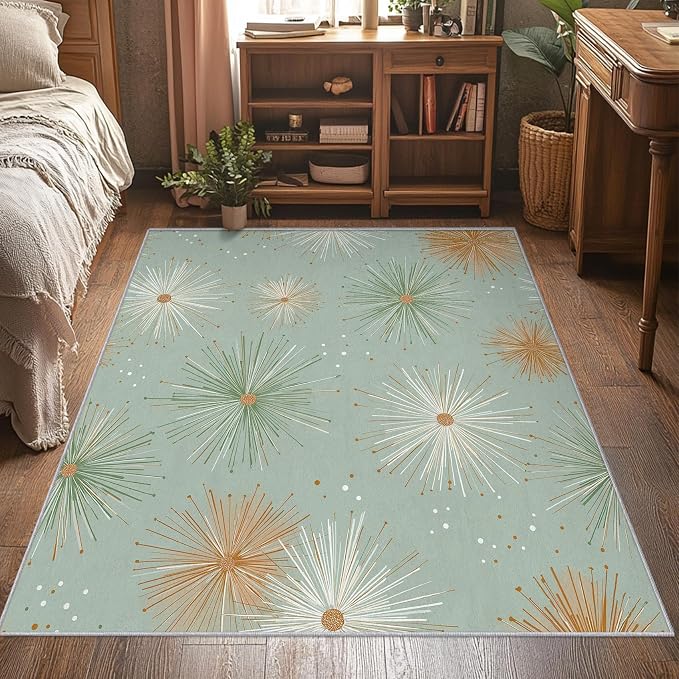 Mid Century Modern Rugs for Bedroom 5x7 ft, Starburst Area Rugs for Living Room, Washable Non Slip Low Pile Retro Atom Carpet, Home Decor PF-P 107