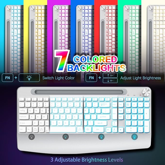 Wireless Keyboard and Mouse Backlits - Full-Sized Ergonomic Lighted Keyboard with Wrist Rest, Phone Holder,2.4GHz Rechargeable Silent Keyboard Mouse Combo for Computer, Laptop, PC, Mac -White