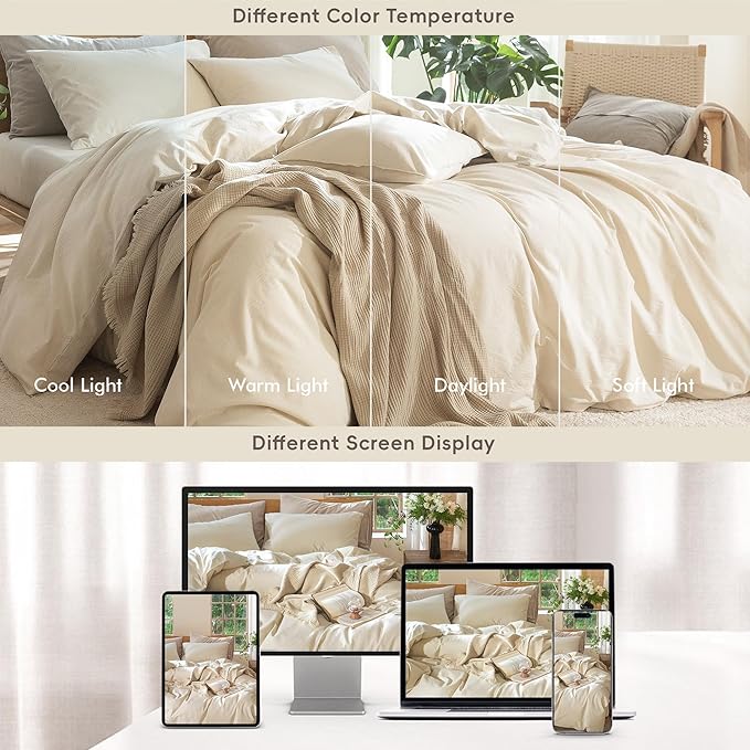 MooMee Bedding Duvet Cover Set 100% Washed Cotton Linen Like Textured Breathable Durable Soft Comfy (Heathered Almond Milk Grey, Queen 90"x90")