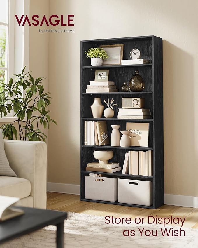VASAGLE Custos Collection - Bookshelf, 6-Tier Bookcase, Book Shelf, Open Storage Shelf, 9.4 x 31.5 x 63.3 Inches, for Living Room, Home Office, Dining Room, Ebony Black ULBC412B01