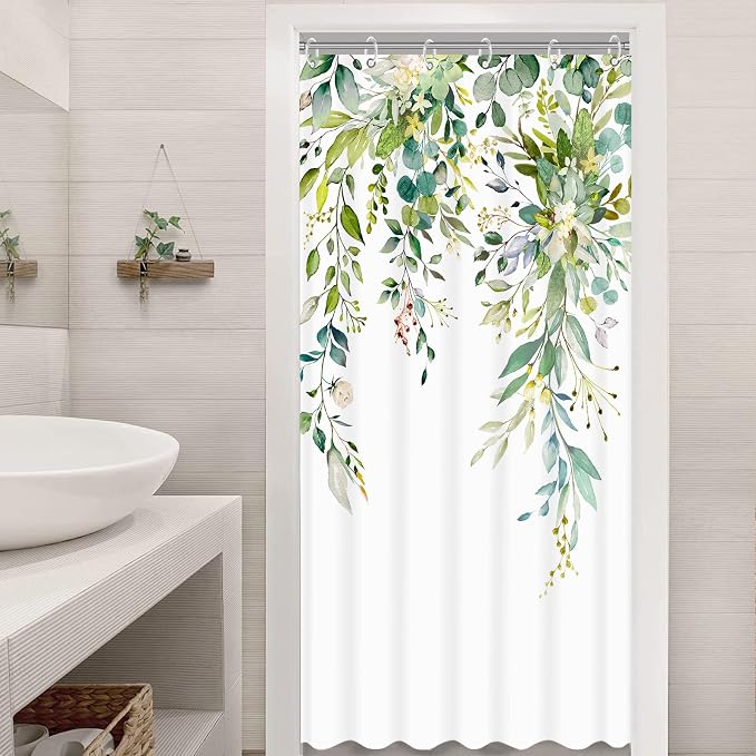 Stall Green Eucalyptus Shower Curtain Set Watercolor Floral Plant Leaf Shower Curtains for Bathroom Botanical Flower Waterproof Fabric Bath Curtain Decor (Green, 36'' x 72'')