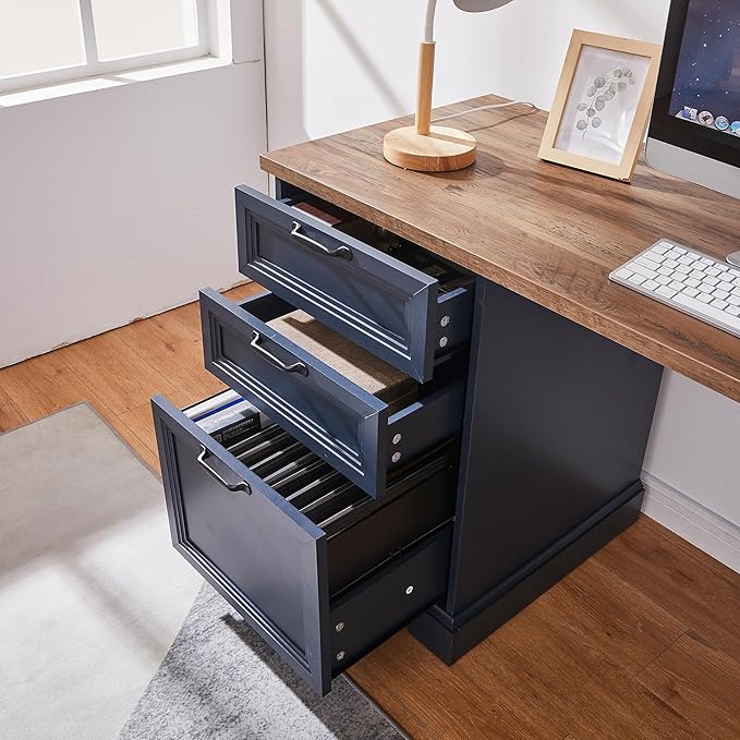 60" Farmhouse Executive Desk with Charging Station,Home Office Desk with 2 Drawers &1 File Cabinet,Fluted Computer Desk for Office and Home (Blue)