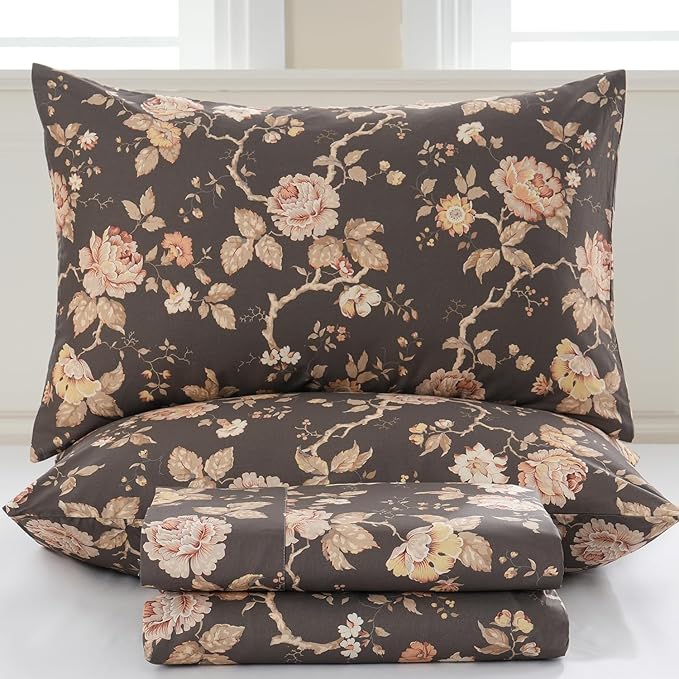 Zusbest Dark Brown Floral Bed Sheets Set - Full Size Percale Cotton Shabby Rustic Peony Flower Print Bed Sheets - Soft Breathable Mocha Classic Vintage Bedding 4 Pcs Deep Pocket Flower Bed Sheets