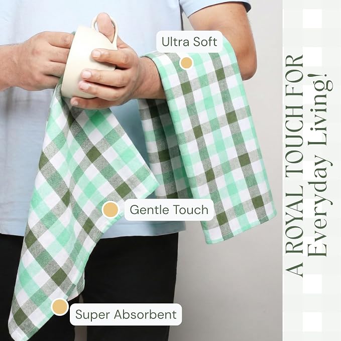 Checked Kitchen Dish Towels 12 Pack Combo, 18"x26", Quick Dry Wash Rags, Reusable Dishcloths, Absorbent Hand Towel - Mint Green, Water Green, Indigo Blue, Mustard Yellow, Brown, Beige
