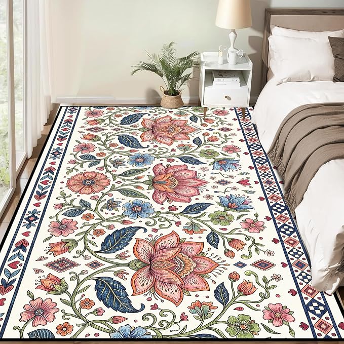 2'x3' Boho Floral Area Rug Vintage Colorful Botanical Carpet Non-Slip Washable Rugs for Entryway Bedroom Living Room Nursery Kitchen Playroom Home Decor