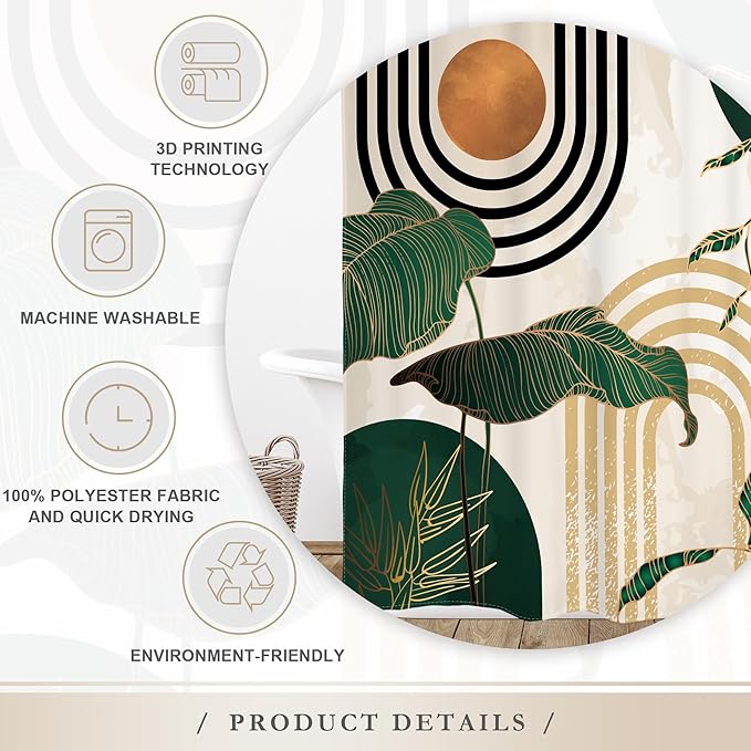 Glawry Boho Green Shower Curtain 54Wx78L Inches Stand Up Stall Mid Century Abstract Tropical Palm Leaf Modern Minimalist Plant Botanical Bathroom Bath Accessories Art Home Decor Fabric 12 Pack Hooks