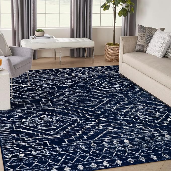 Wonnitar Moroccan Washable 9x12 Rug, Large Blue Rugs for Bedroom, Non-Slip Soft Living Room Area Rug, Boho Non-Shedding Ultra-Thin Floor Carpet for Dining Guest Room Home Office (Blue,9'x12')