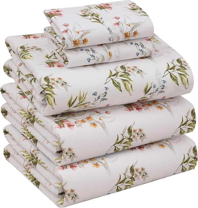 RUVANTI 100% Cotton Split King Sheets Sets for Adjustable Bed, 5 PCs, Soft & Breathable Percale Weave Bedding, Deep Pocket 16", Hotel Standard, Crisp Cool Feel & Durable, Floral Sheet, Floral Bliss