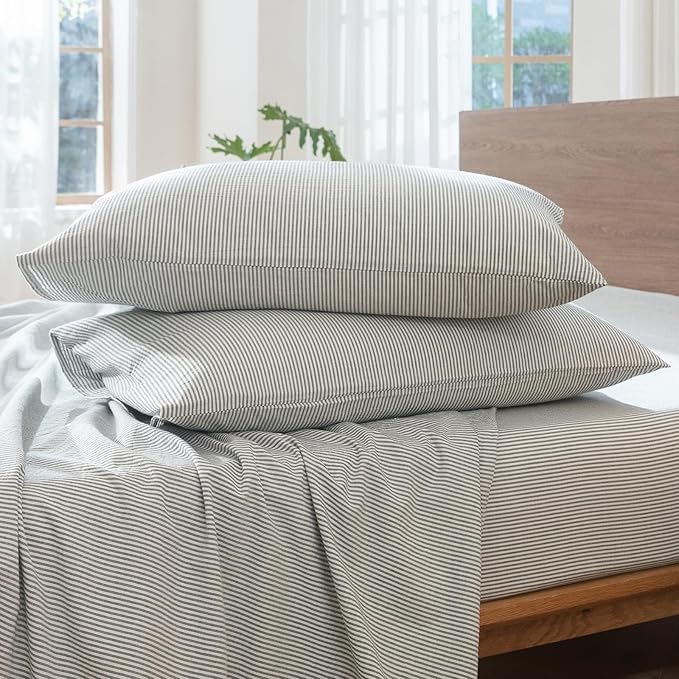 MooMee Striped Duvet Cover Set 100% Washed Cotton Linen Like Textured Breathable Durable Soft Comfy (Heathered Green Pinstripes, Full 80"x90")