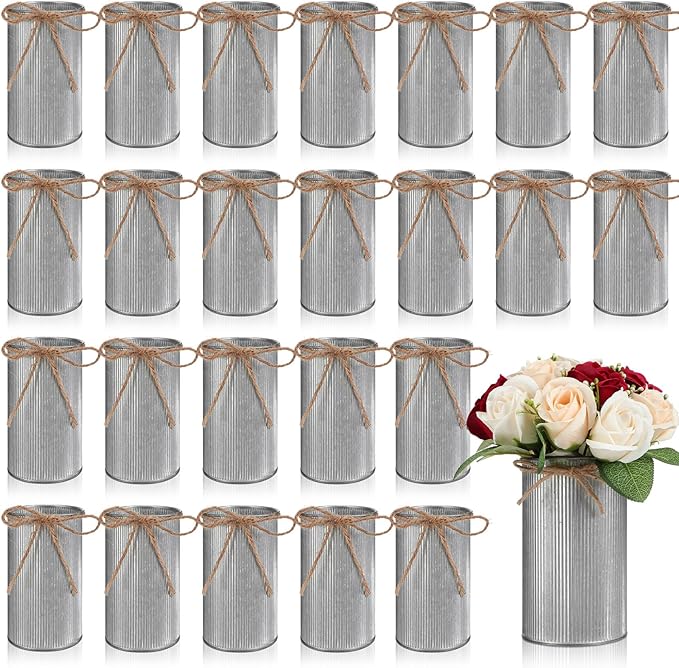 Domensi 5.91 in High Farmhouse Vase Decor Galvanized Metal Flower Vase with Twine Bow Vintage Rustic Tin Flower Buckets for Artificial Floral Table Container DIY(Iron Color,24 Pcs)