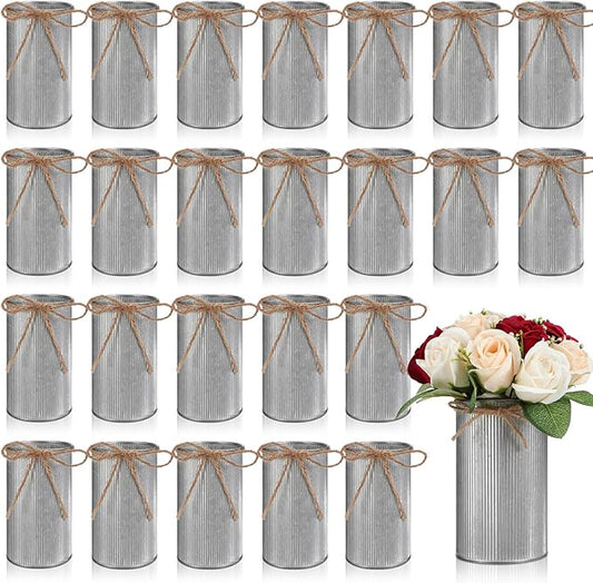 Domensi 5.91 in High Farmhouse Vase Decor Galvanized Metal Flower Vase with Twine Bow Vintage Rustic Tin Flower Buckets for Artificial Floral Table Container DIY(Iron Color,24 Pcs)