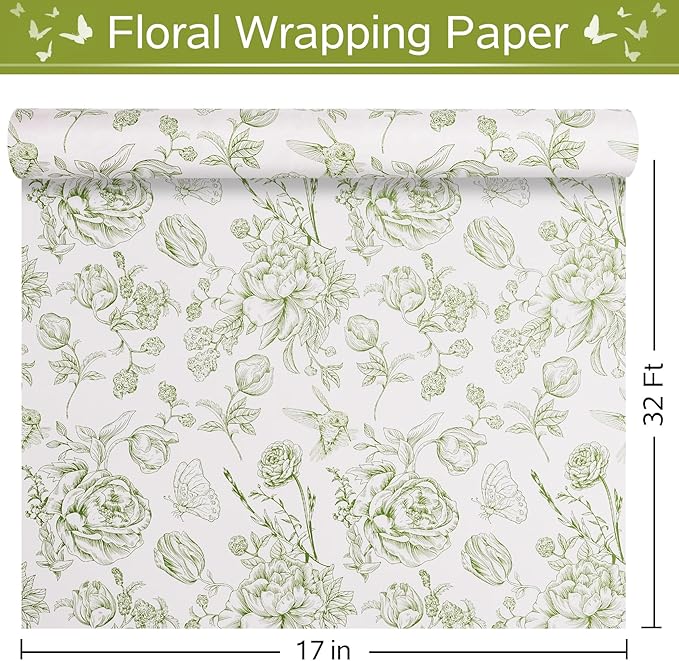 RayofSun Green Floral Wrapping Paper Roll 17 in x 32 ft Mini Roll Vintage Toile Flower Gift Wrap Paper for All Occasion Wedding Birthday Bridal Shower Party Baby Shower Christmas