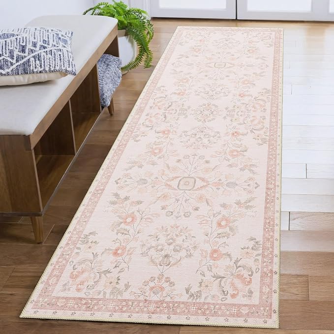 MUJOO Washable Runner Rug for Kitchen Hallways,2x6 Runner Rug Non Slip,Floral Carpet Runner for Bathroom Bedroom Laundry Floor,Long Mat Boho Indoor Vintage Low Pile Pink