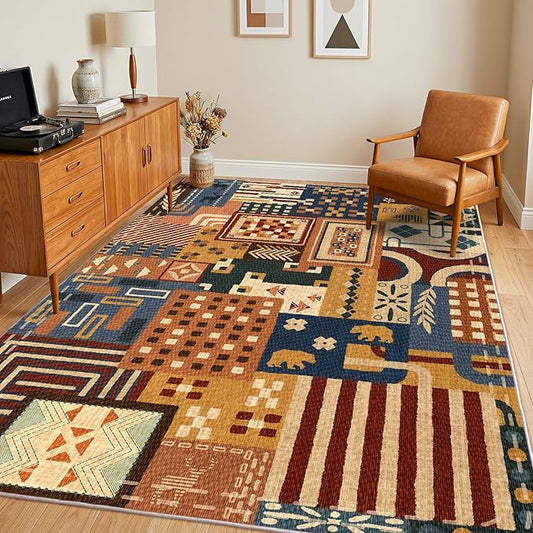 Washable 5x7 Area Rugs for Living Room, Abstract Geometric Tribal Colorful Throw Carpet, Washable Non Slip Low Pile Indoor Rug for Bedroom Dining Room Office Home Hardwood Floor