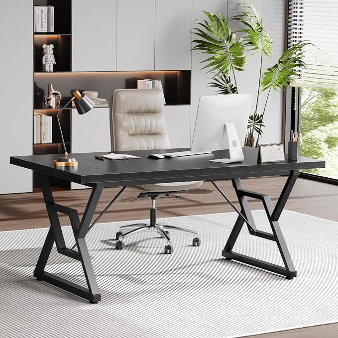 63" Large Executive Desk - Computer Office Desk Workstation, Modern Business Writing Table with Sturdy Metal Legs for Home Office (Black/Black)