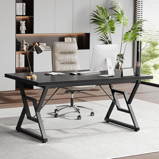 63" Large Executive Desk - Computer Office Desk Workstation, Modern Business Writing Table with Sturdy Metal Legs for Home Office (Black/Black)