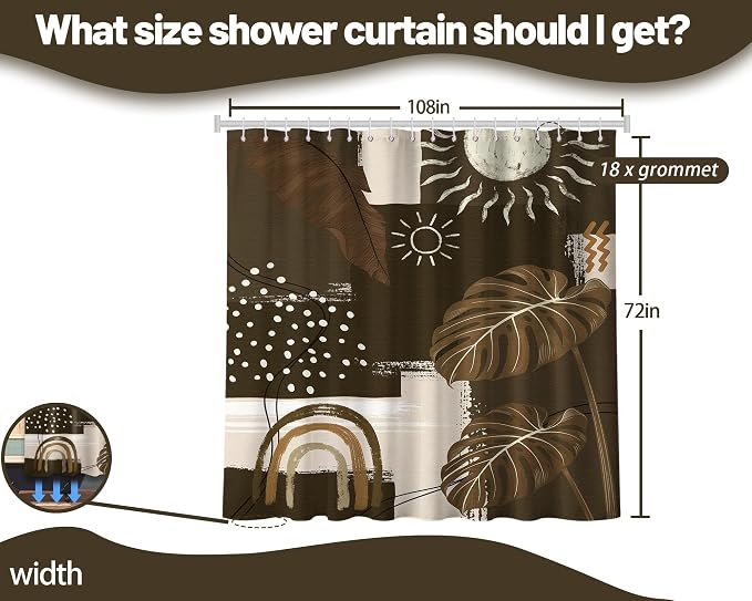 Dark Brown Mid Century Modern Shower Curtain Boho Abstract Khaki Earth Tone Shower Curtains for Bathroom Decor Sets, Waterproof Cloth Fabric with Hooks, 108 x 72 Inch