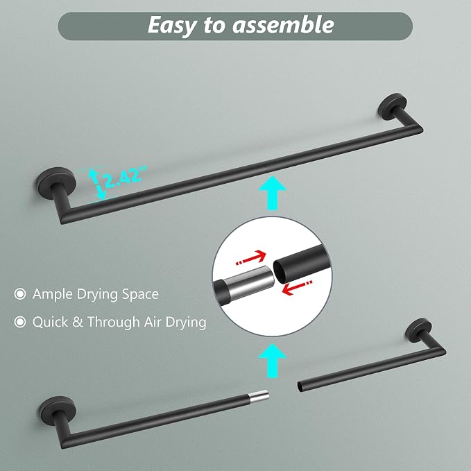 Black Towel Bar 18 Inch Bathroom Towel Racks Wall Mounted Bath Towel Holder Modern Home Decor Towel Rod Bath Towel Hanger Stainless Steel Bathroom Accessories Towel Rail Single Towel Bars Matte Black
