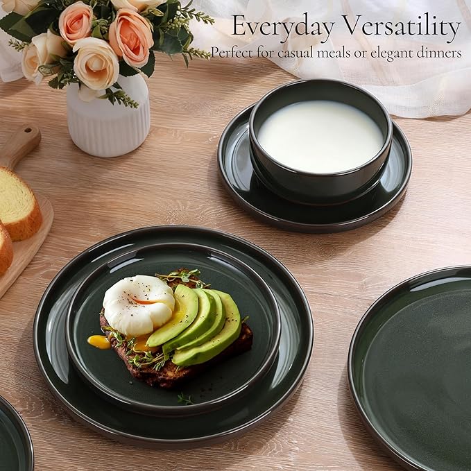 E-far Stoneware Dinnerware Sets for 2, 6 Pieces Reactive Glaze Plates and Bowls Sets, Elegant Dishes with Rustic Terracotta Base, Dishwasher & Microwave Safe, Scratch Resistant, Blackish Green