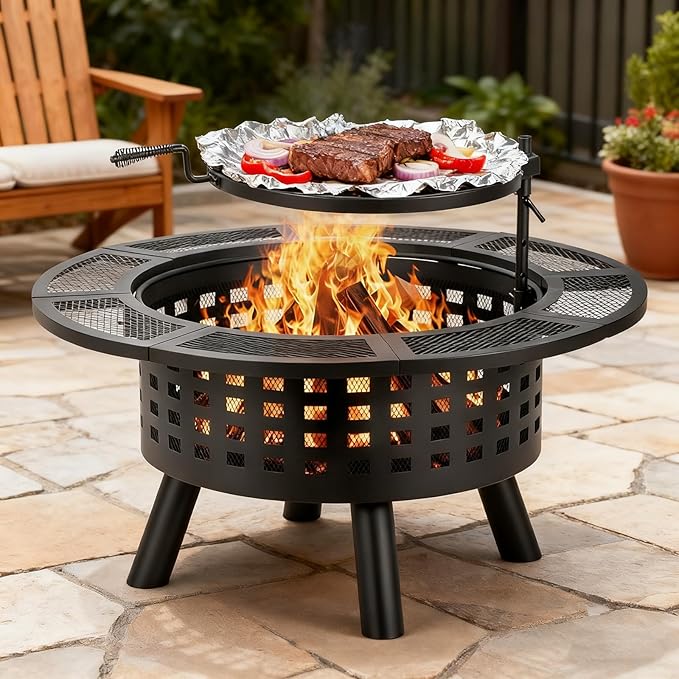 Verdeluxe 36 inch Outdoor Fire Pit with Grill,Wood Burning Fire Pits for Outside with Lid & Fire Poker,Metal 3-in-1 Firepit Table with Cooking Grate,Outdoor Firepit for Yard,Bonfire,Patio(Charcoal)