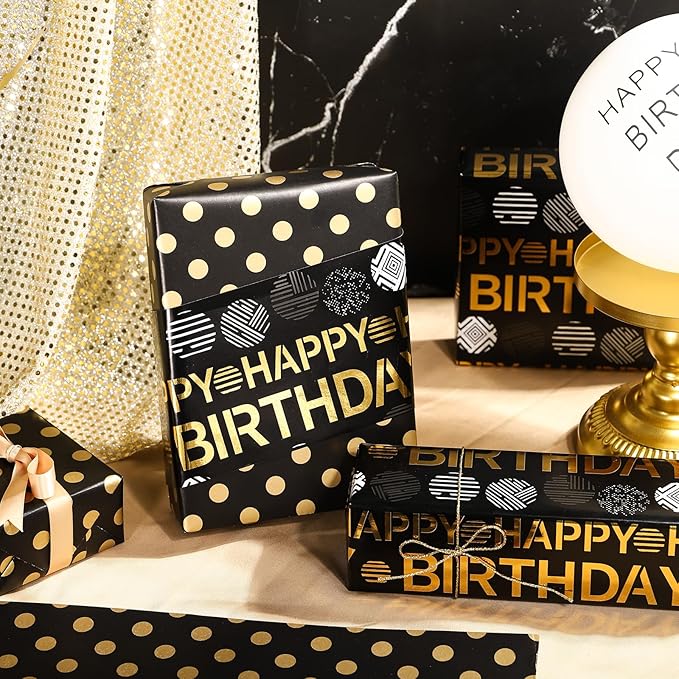 WRAPAHOLIC Reversible Birthday Wrapping Paper Roll - Mini Roll - 17 Inch x 16.5 Feet - Black Gold Happy Birthday Wrapping Paper Perfect for Adults Kids Girls Boys, Baby Shower