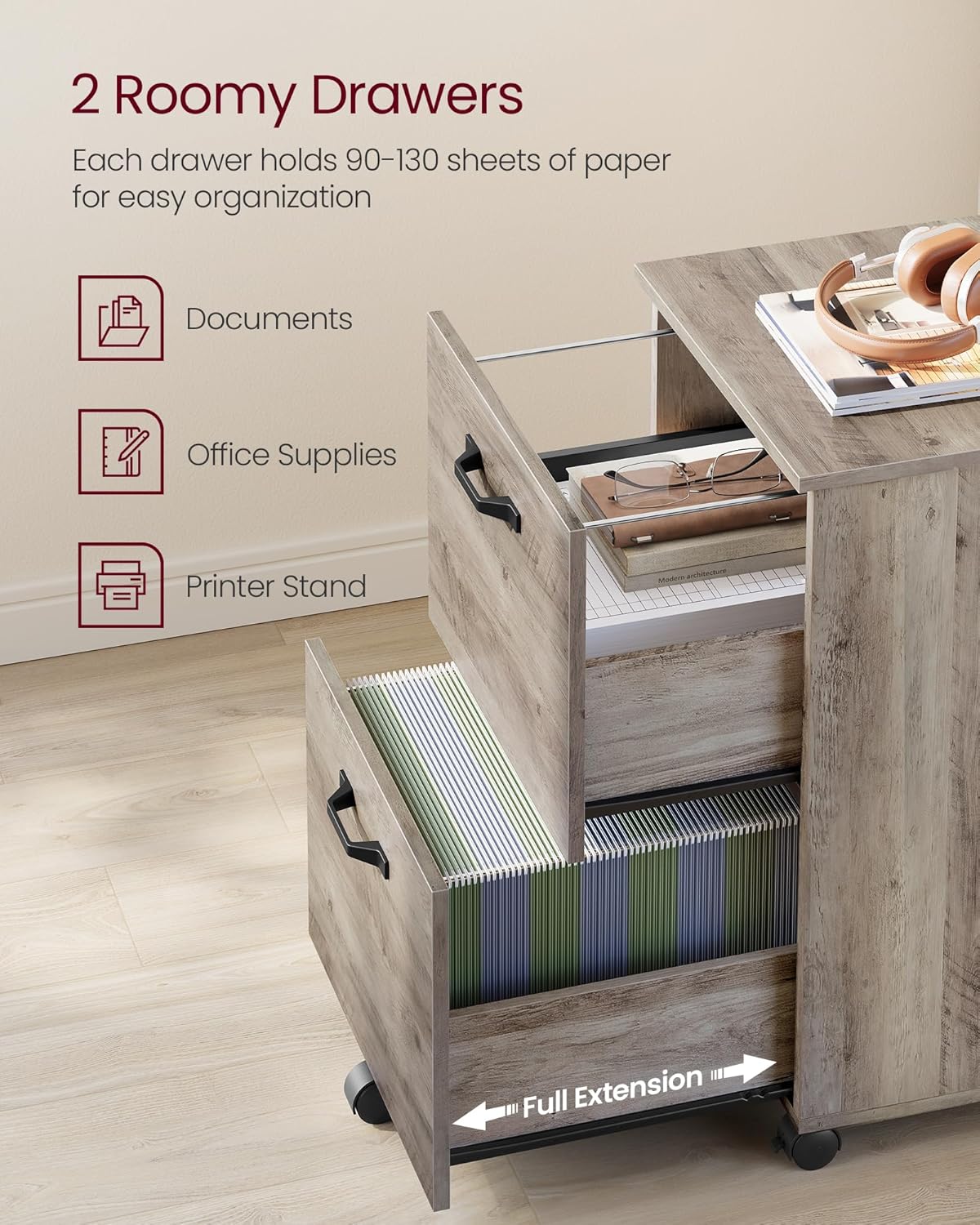 VASAGLE 2-Drawer File Cabinet - Compact Rolling Filing Cabinet for Home Office | A4 & Letter-Size, Heather Greige, 15.7 x 16.5 x 27.6 Inches