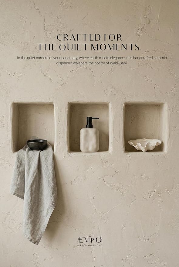 EMPO Ceramic Hand Soap Dispenser with Matte Black Pump, Stone-Textured Wabi-Sabi Liquid Dispenser for Bathroom Vanity and Kitchen Sink (440ml/14.8oz)