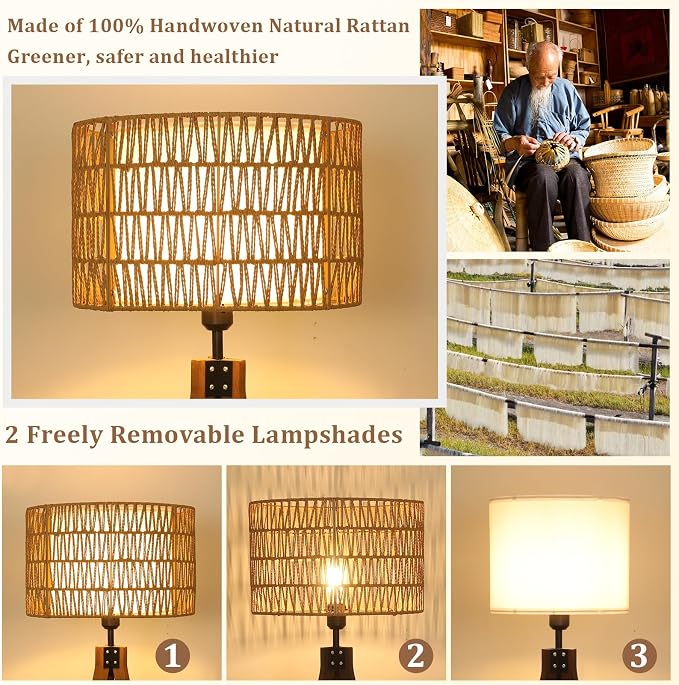 LAMSU Boho Tripod Floor Lamps for Living Room, Rattan Wood Floor Lamp with Fabric Shades, Mid Century Standing Lamp with Shelf, Foot Switch, Modern Farmhouse Tall Lamps for Bedroom Office Brown