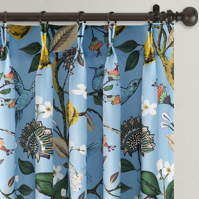 Light Blue Rustic Pinch Pleated Curtains 96 Inches Long for Living Room Bedroom Blackout Vintage Art Deco Anthropologie Vintage Floral Lemon Hummingbird Drape 2 Panels