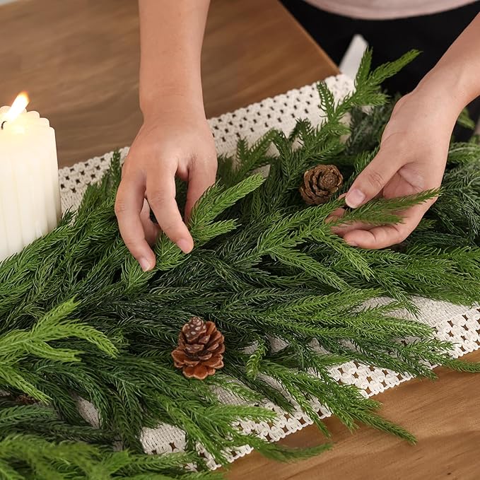 6FT Real Touch Norfolk Pine Garland - Artificial Christmas Garland Fake Green Faux Pine Needles Garland for Table Fireplace Mantle Holiday Home Indoor Outdoor Decor (2PCS)