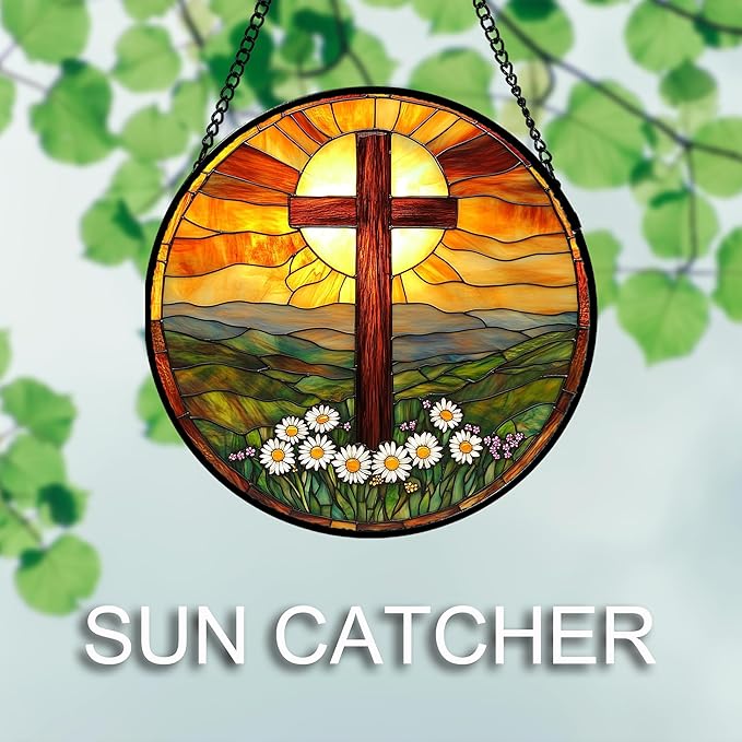 Christian Gifts for Women - Cross Stained Glass Window Hanging Easter Daisy Natural Landscape Sun Catcher Garden Religion Decor Mother's Day Catholic Gift for Men Grandma Mom Her Nana 7.8"