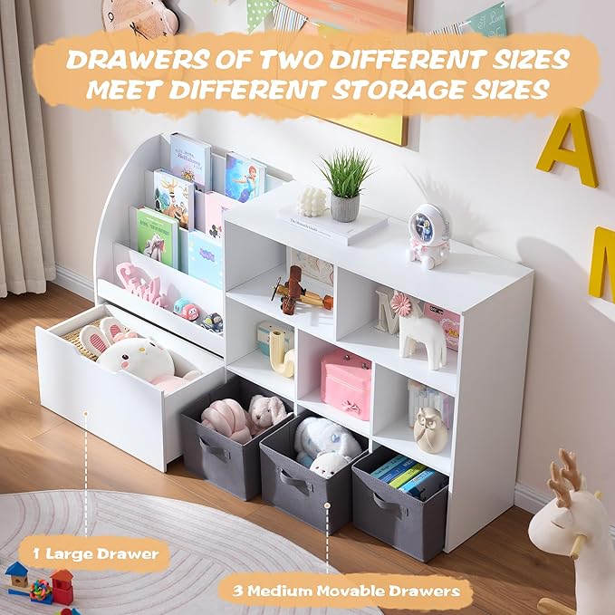 Kids Bookshelf and Toy Storage, 58.5’’ Toy Storage Organizer with Movable Chests & 3 Storage Bins, Large Kids Reading Nook Toy Organizers and Storage with 5 Cubbies for Playroom, Bedroom, White