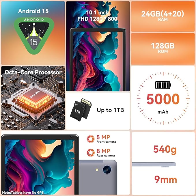 URAO Tablet,10.1" Android 15 Tablet with Octa-core Processor 24GB RAM 128GB ROM HD IPS Touchscreen 8H Battery, Wi-Fi 6, BT 5.0, Dual Camera, Android Tablets