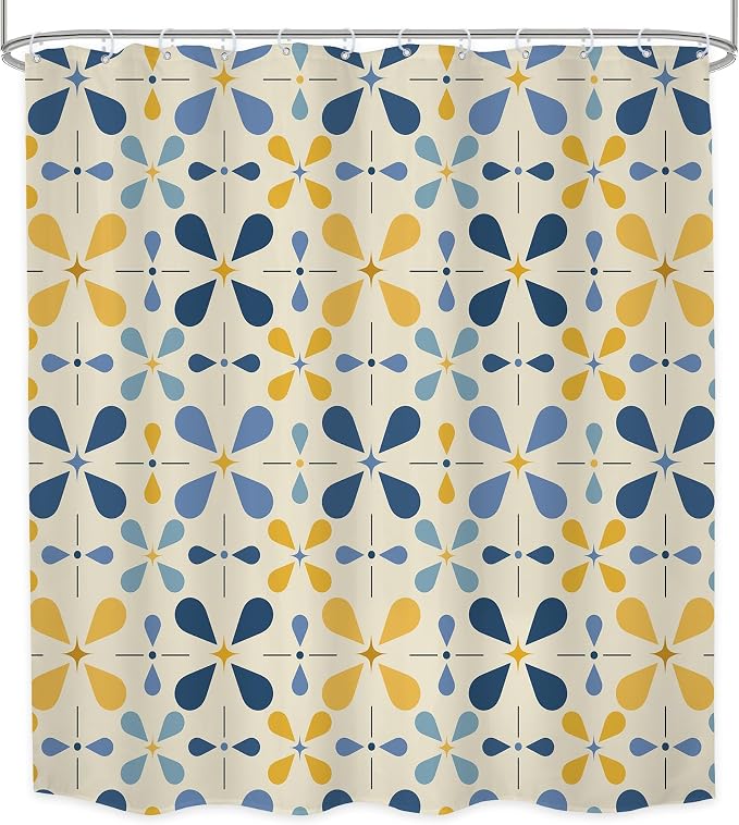 Blue Boho Mid Century Shower Curtain Bathroom Set 71Wx71H Inches Retro Navy Yellow Modern Abstract Vintage Colourful Geometric Bath Accessories Water Drop Art Home Decor Fabric 12 Pack Hooks