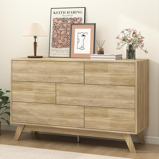 Hadulcet Fluted 6 Drawers Dresser for Bedroom, Modern Minimalist Style, 47” Wide Handleless Chest of Drawers, Wooden Dresser TV Stand, Closet Clothes Storage Organizer for Hallway, Natural Oak