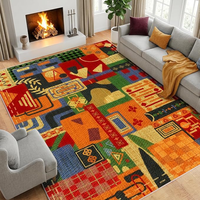 8x10 Abstract Tribal Patchwork Large Area Rug, Colorful Boho Tribal Geometric Rugs for Living Room, Non Slip Low Pile Washable Indoor Carpet Rug for Bedroom, Entryway, Dining Room, Home Office Decor