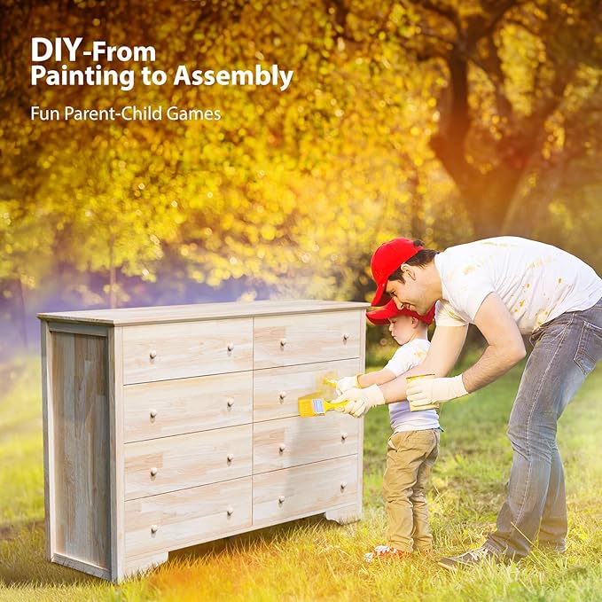 VINGLI 55" W Solid Wood Dresser 8 Drawer, Unfinished Chest for Color DIY, 55.1" W*17.72" D*37" H