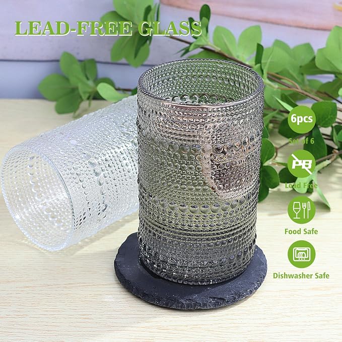 Hobnail-Drinking Glasses 13oz Vintage Glassware Sets Cocktail Juice Glasses Set of 6, Grey