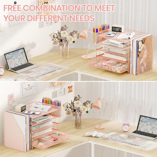 OPNICE Desk Organizer - 5-Tier Paper File Holder with Drawer & Pen Holder | Rose Gold Office Accessory