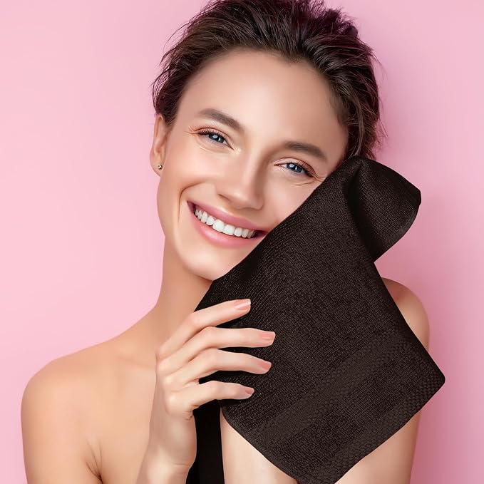 GLAMBURG Ultra Soft 12-piece Washcloths Set 13x13-100% Ringspun Cotton - Durable & Highly Absorbent Face Towels - Ideal for use in Bathroom, Kitchen, Gym, Spa & General Cleaning - Chocolate Brown