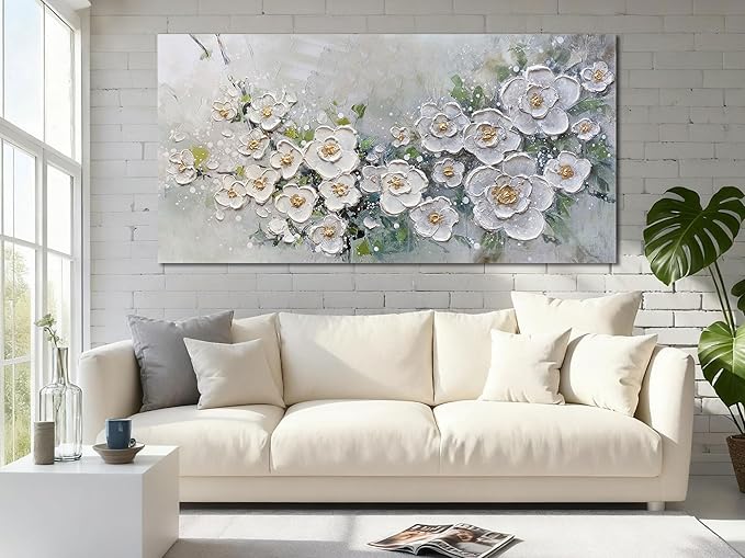 Brushart White Flower Wall Art Textured Floral Canvas Art Wall Decor Living Room Large Picture Wall Art Paintings Artwork for Walls Bedroom Home Office, 58"x29"