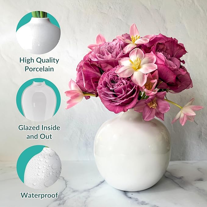 Willowy 7.5 Inch Large White Ceramic Vase with Glossy Finish - White Vases for Flowers, Round Vases for Decor, for Flower, for Pampas Grass