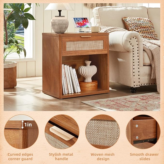 LEYAOYAO Rattan Nightstands Set of 2 with Charging Station, Tea Brown Night Stand with Drawer, 23" Wide Boho Bedside Table with Storage Shelf, Bed Side End Tables for Bedroom, Living Room, Hallway