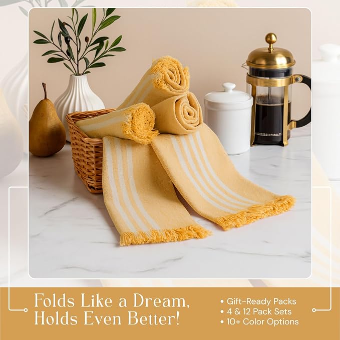 Stripe Kitchen Towels 4 Pack, 16x26 Inches, Dish Cloths for Drying, Wiping, Absorbent Tea Towels, Washable Rags, Reusable Cleaning Cloths for Everyday Kitchen Tasks - Mustard Yellow