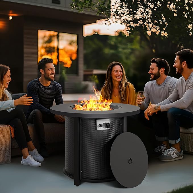 Nuu Garden 30'' Outdoor Round Propane Fire Pit Table, CSA-Certified 2-in-1 Gas Fire Pit with Rattan-Embossed Metal Frame, Stainless Steel Burner, Lid & Lava Rocks, for Patio Dining & Party, Black
