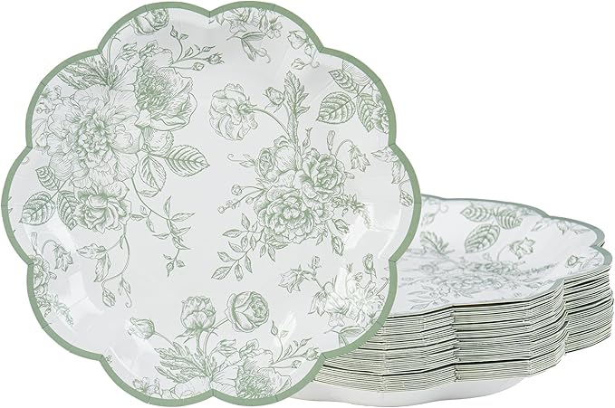 Green Floral Party Plates Vintage Floral Leaf Disposable Paper Plates Wildflower Sage Green Toile 7" Scalloped Rim Dessert Plates for Christmas Birthday Bridal Tea Party Supplies (24)