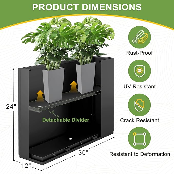 Metal Planter Box Rectangular Planter Box with Drainage Hole, Outdoor Large Planters, All-Weather Use, Rust-Resistance, for Flowers Plants, 29.9" L × 12" W × 24" H, Black