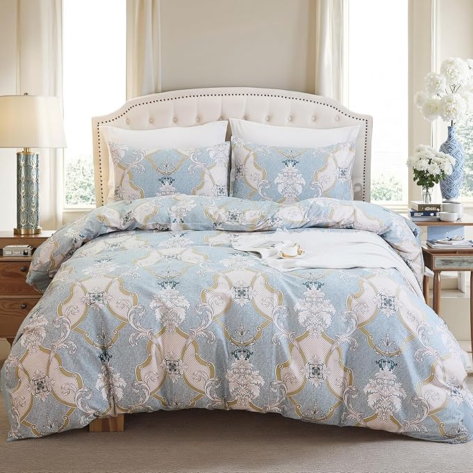 100% Natural Cotton Duvet Cover Set Queen 3 Pcs Grayish Blue Duvet Cover with Luxurious Damask Pattern, Reversible Breathable Soft Comforter Cover Sets with Zipper Closure All Season