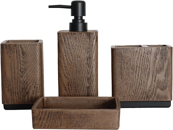Hymmah Bathroom Accessories Set,Toothbrush Holder,Farmhouse Bathroom Decor,3 Pcs Resin Gift Set Apartment Necessities, Contain Toothbrush Cup,Soap Dispenser,Tumbler (Wood Brown)